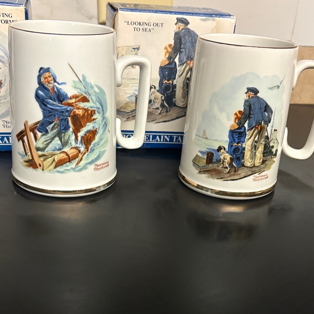 Norman Rockwell for Long John Silvers Nautical Fisherman Porcelain Mugs Set of 2